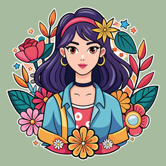 Sticker of showcasing a fashionable girl surrounded by floral motifs and stylish accessories, ideal for elevating the appeal of t-shirt graphics