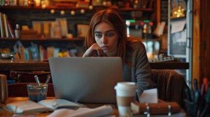 Deadline Approaching, A focused young woman sits in a cozy cafe, deeply engrossed in her laptop work, surrounded by notes and a coffee cup, with an atmosphere of concentration and determination.