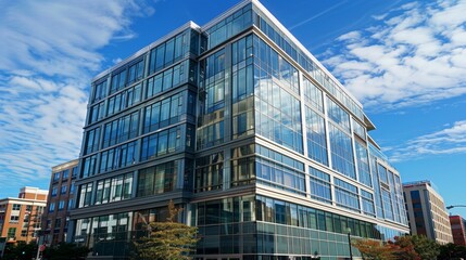 Fototapeta premium A tall building with numerous windows stands proudly on the corner,