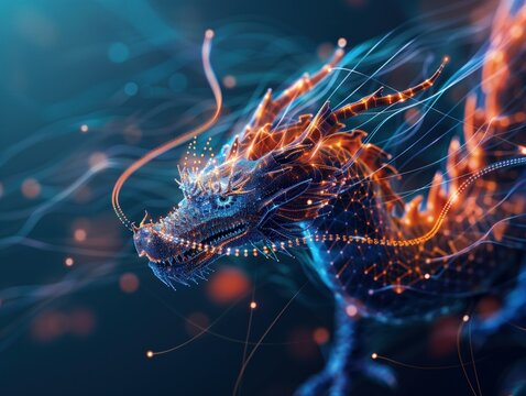 Electric Dragon Elegance, A digital artwork depicting a dragon composed of dynamic, glowing lines and particles, exuding an aura of digital fantasy and powerful grace.