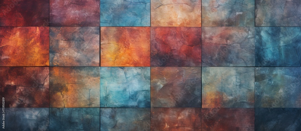 Poster a close up of a colorful painting on a wall showcasing modern art with tints and shades of electric 