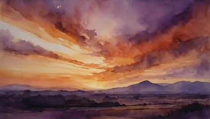 Gardinen Artwork combining watercolor techniques to depict a stunning sunset sky in shades of orange and purple, creating a sense of warmth and tranquility. © xKas
