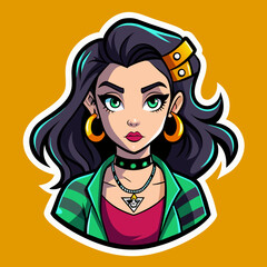 Sticker design capturing the essence of street style fashion with a beautiful girl wearing edgy attire, suitable for enhancing t-shirt visuals