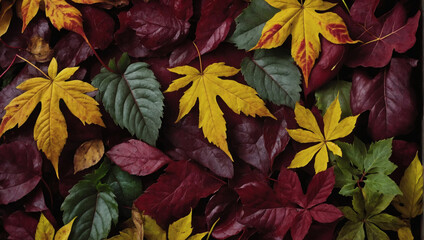 Assortment of autumn leaves, foliage plants in rich burgundy shades with a burgundy canvas.