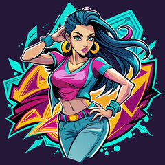 Sticker portraying a stylish Beautiful girl in a dynamic pose, with graffiti-inspired elements and bold graphics