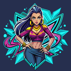 Sticker portraying a stylish Beautiful girl in a dynamic pose, with graffiti-inspired elements and bold graphics