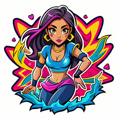 Obraz na płótnie Canvas Sticker portraying a stylish Beautiful girl in a dynamic pose, with graffiti-inspired elements and bold graphics