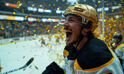 Professional ice hockey player celebrating the league win, wearing gold helmet - Inside a big arena...