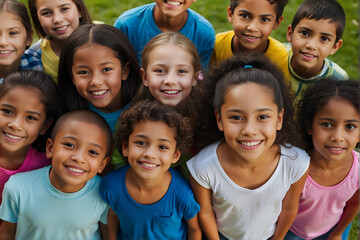 A group of children in a circle looking at the camera