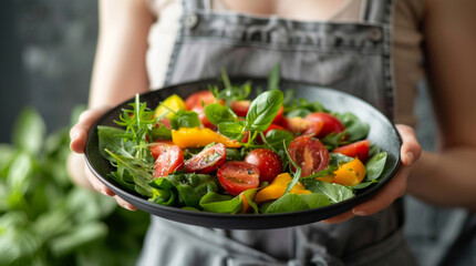 A person wearing an apron presents a bowl of vibrant mixed salad featuring lush greens, ripe tomatoes, and juicy citrus fruits