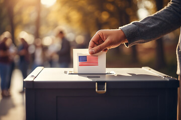 A Person depositing his vote in a ballot box, vote in USA - obrazy, fototapety, plakaty