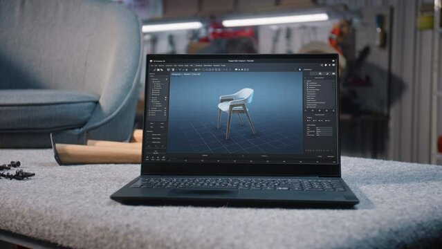Digital 3D model of stylish wooden chair for carpentry project displayed on laptop screen. Professional ai software for furniture design creation. Male artisan works in the background in modern