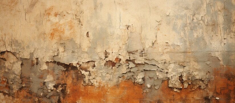 A close up of a brown rusty wall with peeling art paint resembling a natural landscape painting on wood, showcasing the beauty of decay in visual arts