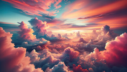 breathtaking skyscape featuring a canvas of clouds highlighted by the warm hues of a sunset, with radiant pink and orange tones strewn across the sky - obrazy, fototapety, plakaty