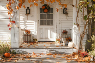 Welcoming Autumn Porch with Pumpkins and Falling Leaves at a Cozy Home