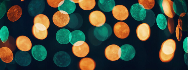 Background of Abstract Glitter Lights in Emerald, Copper, and Midnight Blue. Defocused Banner.