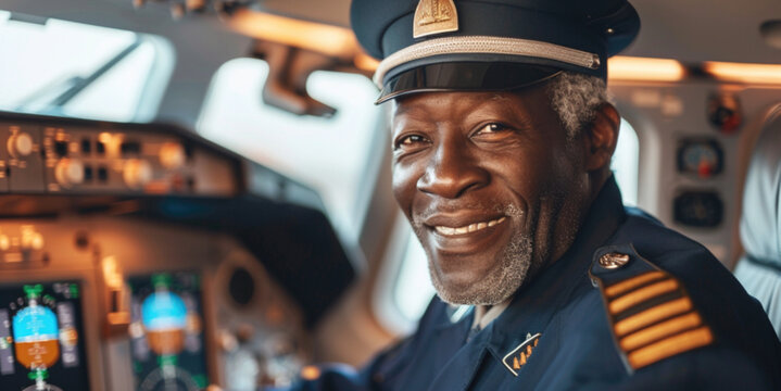 African pilot in airplane cockpit
