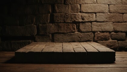 Fototapeta premium Old wood table with blurred concrete block wall in dark room background.