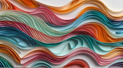 Quilling colorful 3D paper waves abstract pastel background on white with copy space for design and interior art decor. generative.ai
