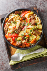 Lagman Uzbek dish is a fragrant soup with noodles and pieces of lamb, vegetables and herbs closeup on the plate on the wooden board. Vertical top view from above