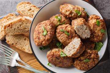 Fried buckwheat meatballs Hrechanyky from minced meat and boiled buckwheat porridge with onions,...