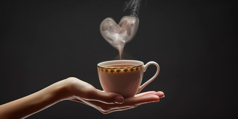A cup of coffee in a woman's hand with steam in the shape of a heart. Love concept