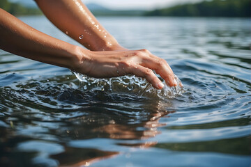 A close-up of a woman's hand as she holds it in the lake, fresh water splashing around her palm - Powered by Adobe