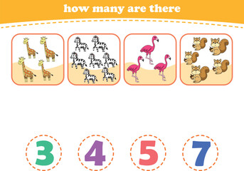 Educational worksheet for preschool kids. Count wild animals. Math game for children. Vector