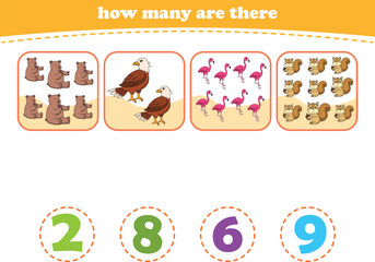 Educational worksheet for preschool kids. Count wild animals. Math game for children. Vector