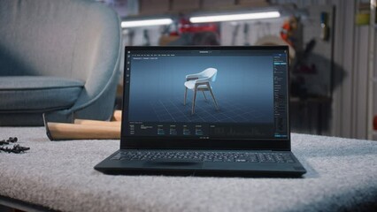 Laptop screen with displayed professional ai program for futuristic furniture design. Digital 3D model of stylish wooden chair for carpentry project. Craftsman works in the background in modern