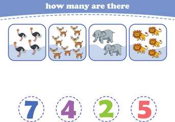 Educational worksheet for preschool kids. Count wild animals. Math game for children. Vector