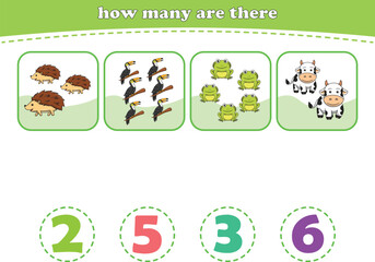 Educational worksheet for preschool kids. Count wild animals. Math game for children. Vector