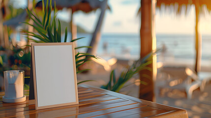 Mock up Label the blank menu frame in Bar restaurant. Stand for booklet with white sheet paper acrylic tent card on table with blurred beach background
