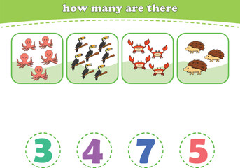 Educational worksheet for preschool kids. Count wild animals. Math game for children. Vector