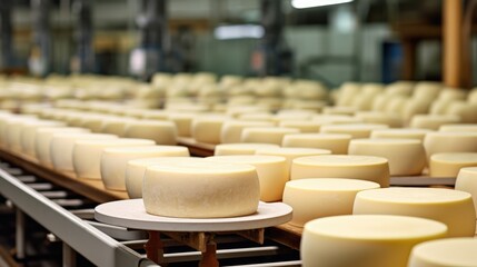Cheese production, conveyor ,cheese factory. The round cheese is on the shelf. Natural products. - obrazy, fototapety, plakaty