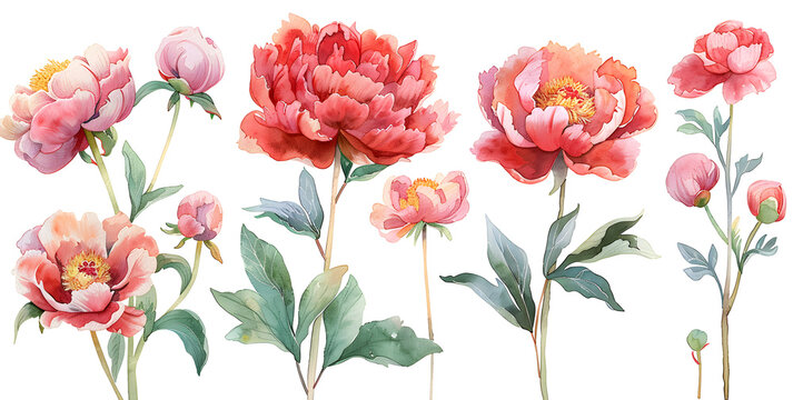 Set of peonies flower soft pink and red color watercolor, spring collection of hand drawn flowers, botanical plant illustration, elegant watercolor, white background.