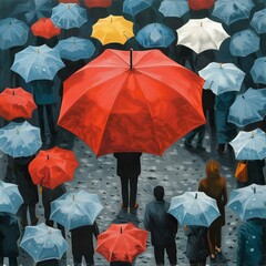 A person holding an umbrella in a crowd not using them, depicting the foresight and preparedness of leadership
