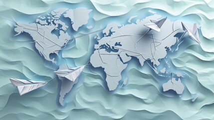 A network of intricate paper airplane routes crisscross a world map symbolizing global reach and connection. - obrazy, fototapety, plakaty