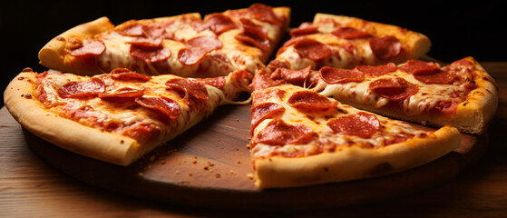 Several sliced pizza slices with sausage cheese ..