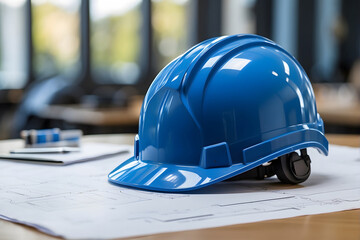 A blue construction helmet with a construction plan