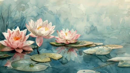 Beautiful watercolor painting depicting three water lilies - obrazy, fototapety, plakaty