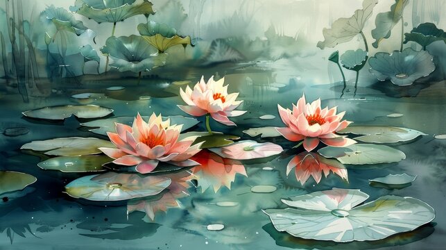 Beautiful watercolor painting depicting three water lilies