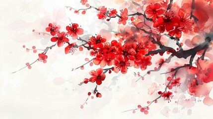 Beautiful watercolor painting of vibrant red cherry blossom