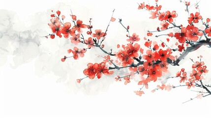 Beautiful watercolor painting of vibrant red cherry blossom