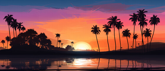 Silhouette of palm trees. Beautiful sunset ..
