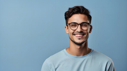 A man with glasses smiling at the camera with space for ads and text, Blue Background - obrazy, fototapety, plakaty