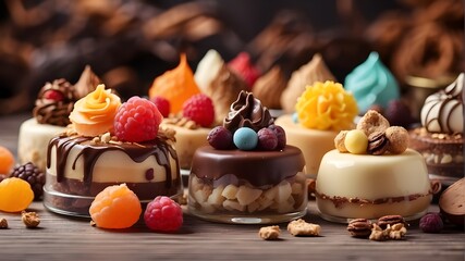 The best-selling and delicious dessert sweets on the table, a set of dessert sweets, an unusual background.
