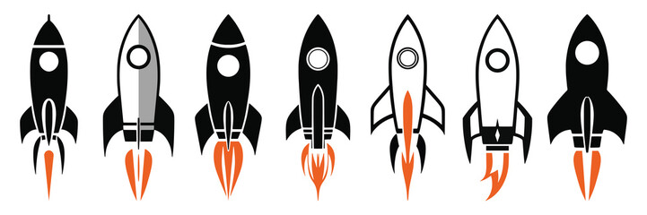 Rocket vector drawings set, cartoon illustration, isolated on white background