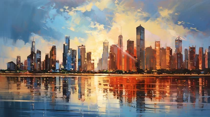 Papier Peint photo Lavable Etats Unis Skyline city view with reflections on water oil paint