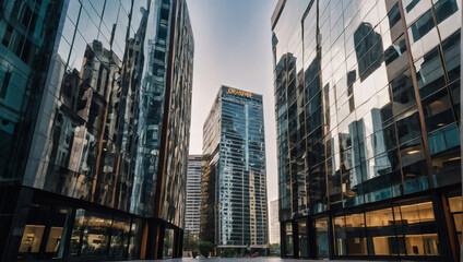 Fototapeta na wymiar Business Office Buildings with Mirror-like Facades, Creating a Dynamic Cityscape.